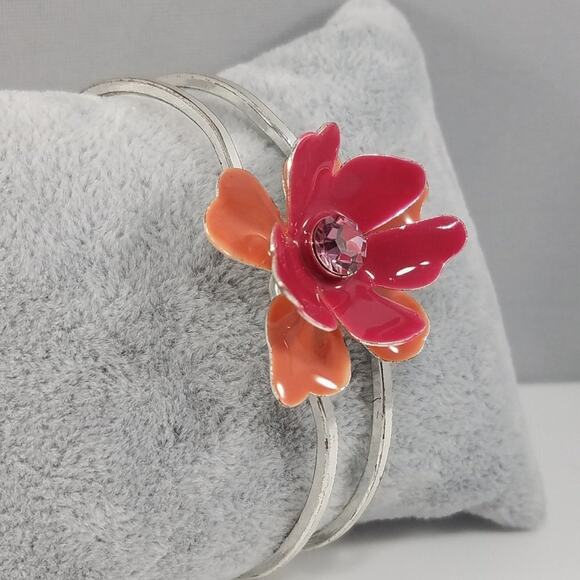 Vintage Enamel Rhinestone Flower Clamper Bracelet - Picture 3 of 10